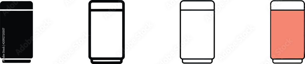 Fototapeta premium Minimalist aluminum soda can icons, set of 4 beverage container vectors, sleek drink can line art and flat symbols for packaging design