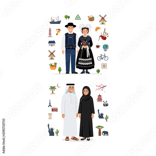 Cultural Diversity and Traditional Attire Icons Set of Different Global Nationalities