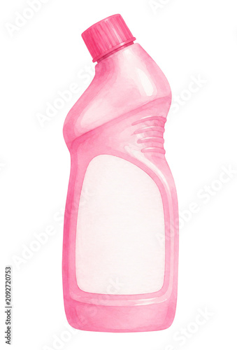 Pink detergent bottle on transparent background. Watercolor illustration of cleaning liquid container. Household chemical product for washing and sanitizing surface. Clipart element