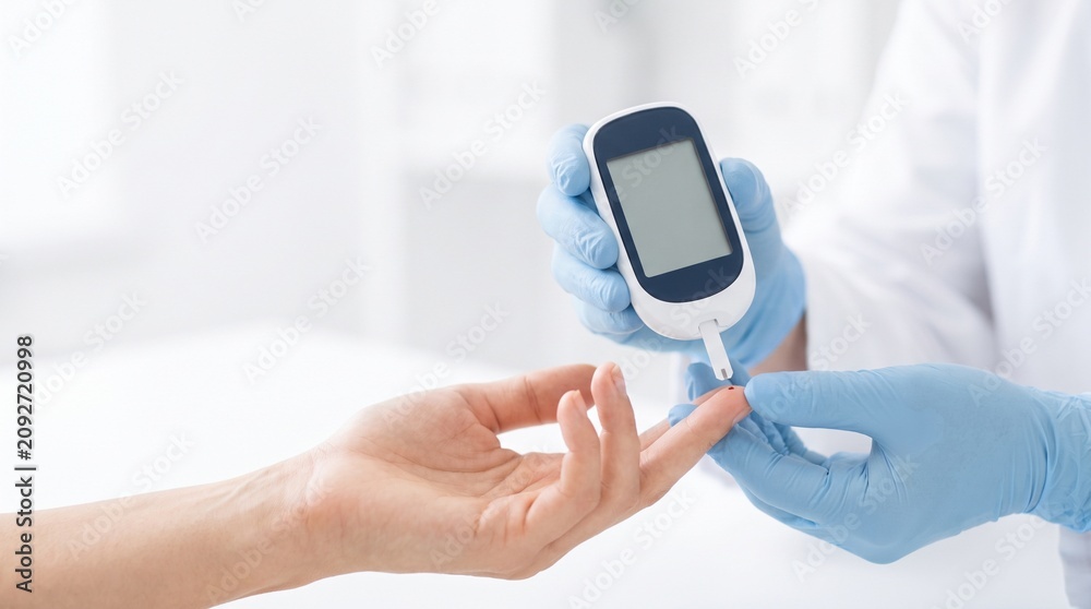 Fototapeta premium Healthcare worker measuring a patient’s blood glucose with a glucometer and finger-prick sample during diabetes screening and glycemic monitoring in a clinical setting
