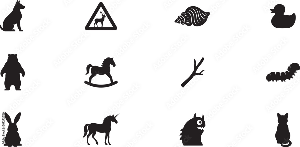 Fototapeta premium Solid vector icon set. dog vector, wild animals road sign, shell, duck toy, bear, rocking horse, stick, caterpillar, rabbit, unicorn, monster, cat. black icon silhouette vector