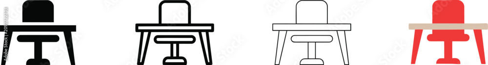 Fototapeta premium Minimalist office desk and chair icons, professional workspace furniture vector set, modern workstation symbols for corporate business and home office design