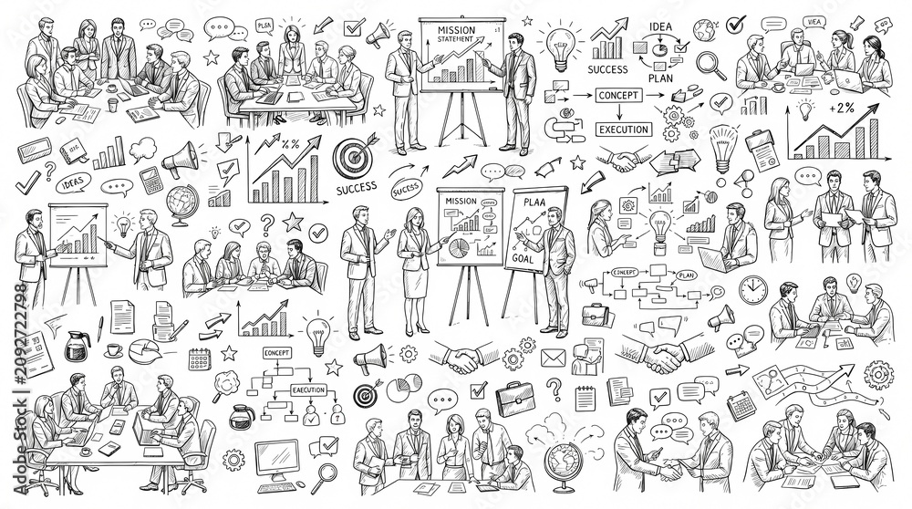 Obraz premium Hand-drawn doodle set of business meeting and team collaboration elements to draw