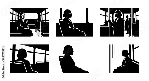 Rosa Parks bus silhouette vector set, civil rights movement, historical protest