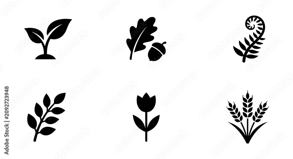 Obraz premium Nature Icons Set: Plant, Leaf, Acorn, Fern, Wheat, Flower Vector Graphics