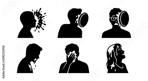 Bild auf Leinwand Pie Face Silhouettes, Comedy Prank Icons, Humorous Surprise Vector Set