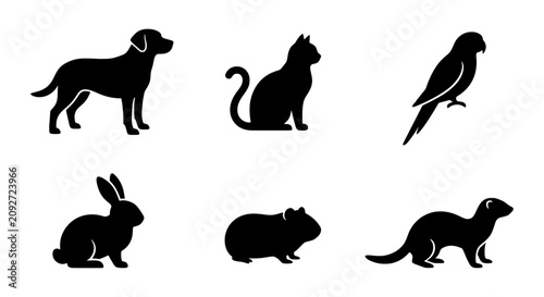 Foto Silhouette Pet Icons: Dog, Cat, Parrot, Rabbit, Guinea Pig, Ferret Vector Set