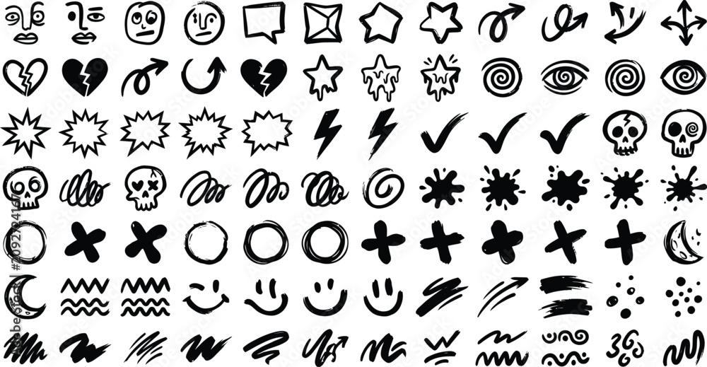 Fototapeta premium Hand Drawn Doodle Symbols and Scribble Elements Collection with Arrows Hearts Stars and Abstract Icons Vector Set