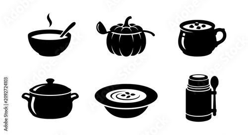 Tableau sur toile Food Icons Set: Soup Bowl, Pumpkin Pot, Hot Drink Mug, Cooking Pot, Thermos