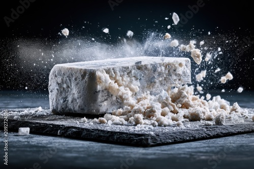 An ice block explodes from built-up pressure, sending flying pieces and frost dust into the air against a dark background.