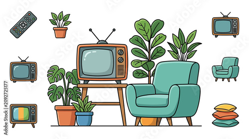 Φωτογραφία Retro Living Room Scene: Vintage TV, Armchair, Potted Plants, Remote