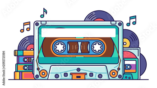 Tableau sur toile Retro cassette tapes and vinyl records, vintage music collection, nostalgic audi
