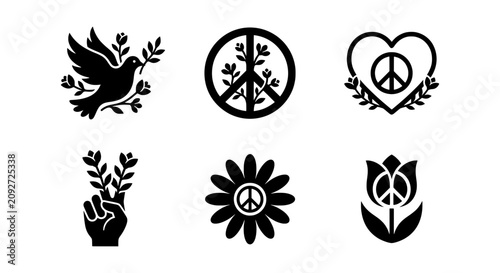 Bild auf Leinwand Peace Symbols Vector Icons: Dove, Flower, Heart, Hand, Tulip, 6 Icons
