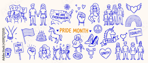 Pride Month Doodle Collage: A vibrant collection of hand-drawn illustrations celebrating LGBTQ+ pride, featuring symbols of love, unity, equality, and diversity in a whimsical doodle style.