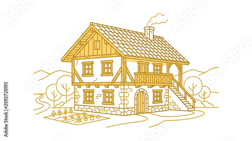 Cuadro en lienzo Charming Rustic House Illustration with Garden and Nature Background