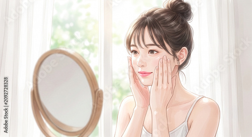 明るい窓際で鏡を見ながら両手で優しく肌に触れて微笑む若い女性のスキンケアや美容のイメージイラスト