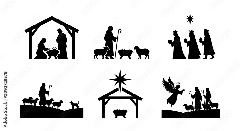 Fototapeta premium Nativity Scene Silhouettes, Christmas Story Icons, Religious Holiday Graphics