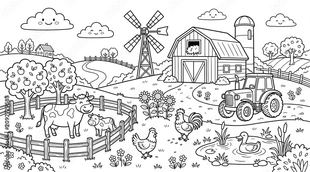 Naklejka premium Black and white farm scene with barn, animals, and windmill