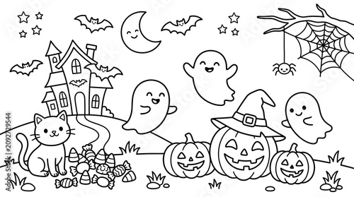 Halloween coloring page with ghosts, pumpkins, and haunted house