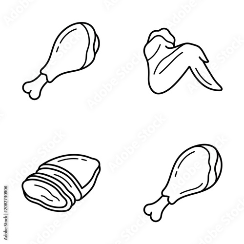 Chicken Parts Icon Set: Drumsticks, Wings, and Sliced Meat