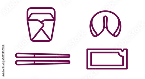 Chinese Takeout Icon Set: Food Box, Fortune Cookie, Chopsticks, Soy Sauce Packet