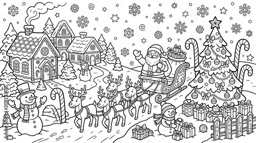 Festive Christmas Scene with Santa Claus and Reindeer in Snowy Village