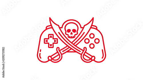 Cuadro en lienzo Gaming Pirate Icon: Controller, Skull, Sabers - Red Line Art on White