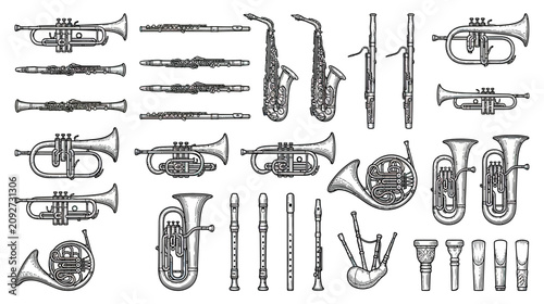 Fotografía Set of Wind Musical Instruments, Hand-Drawn Sketch Style