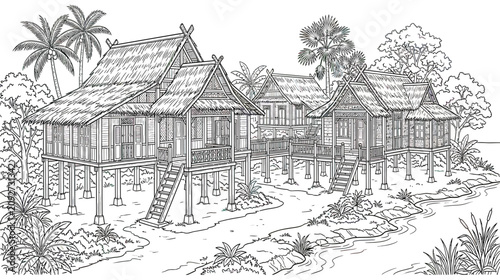 Traditional Southeast Asian Stilt Houses Village Landscape Line Art