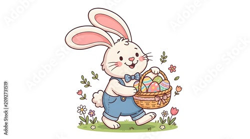 Cute cartoon bunny carrying Easter egg basket in springtime setting