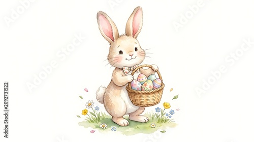 Cute watercolor bunny holding a basket of Easter eggs