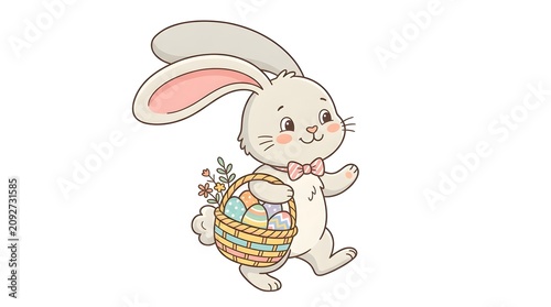 Cute cartoon bunny carrying Easter egg basket with flowers