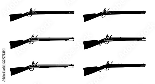 Schilderij op canvas Flintlock Rifle Icons, Vintage Musket Silhouettes, Historical Firearm Vector Set