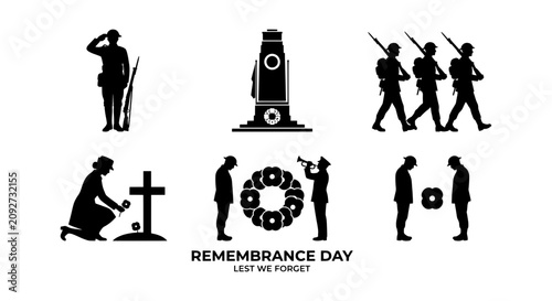 Remembrance Day Vector Icons: Soldier Saluting, War Memorial, Marching Troops, Poppy Wreath, Lest We Forget