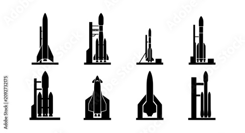 Space Rocket Launch Icons, Vector Set, Futuristic Exploration Graphics, Sci-Fi Technology Symbols