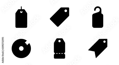 Black Tag Icons, Label Shapes, Price Markers, Sale Hangtags, Discount Labels, Vector Graphics