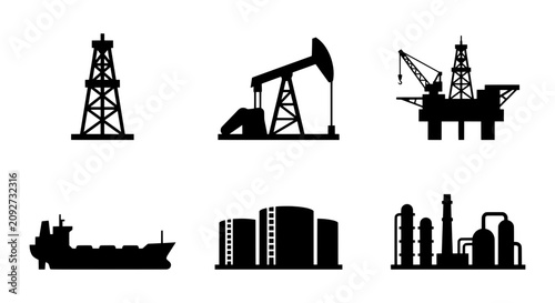 Oil Rig, Pumpjack, Offshore Platform, Tanker Ship, Storage Tanks, Refinery Icons: Energy Industry Vector Set