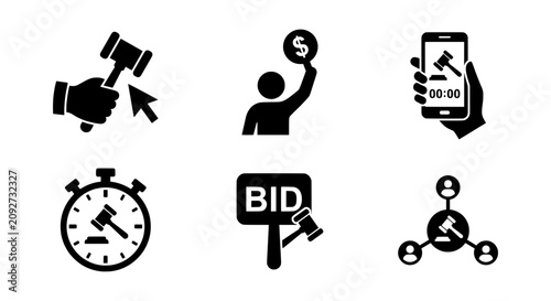 Auction Icons Set: Gavel, Bid, Online Bidding, Stopwatch, Buyer Network, Business Concept