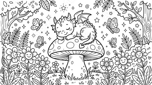 Cute dragon sleeping on mushroom in whimsical forest coloring page