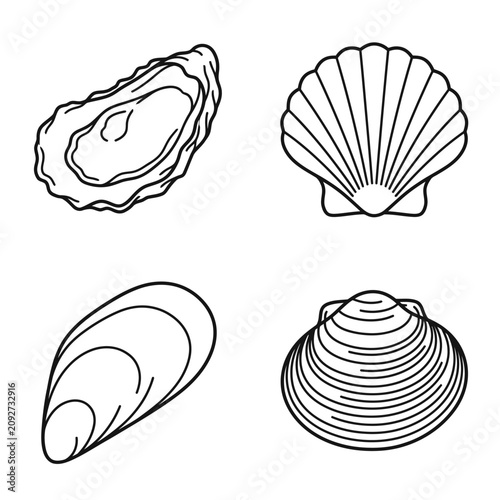 Seafood Shellfish Icons: Oyster, Scallop, Mussel, Clam Outline Illustrations
