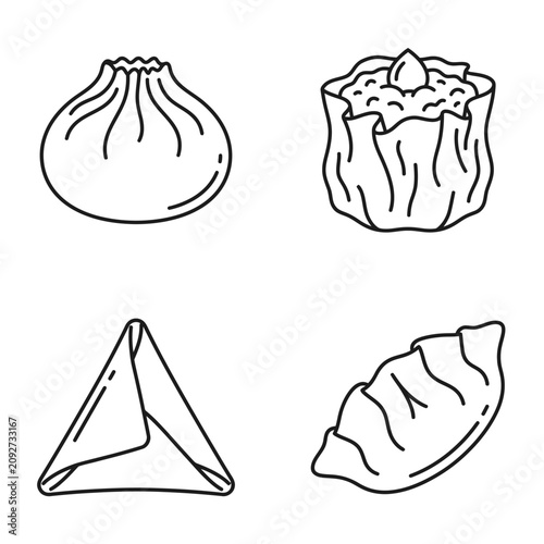 Set of four hand-drawn dim sum and dumplings icons, black and white line art