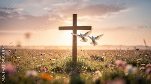 A wooden cross stands in a flower-filled field at sunset, with two white doves flying nearby symbolizing peace and spirituality.