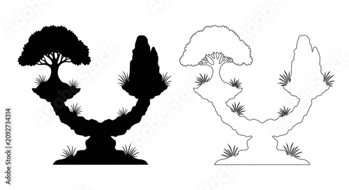 Quadro su tela Black and white illustration of a tree on a rocky outcrop