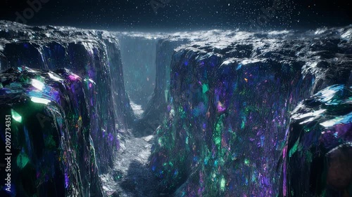 Stellar dust waterfall cascading through a deep cosmic canyon with glowing crystal cliffs under a starry space sky