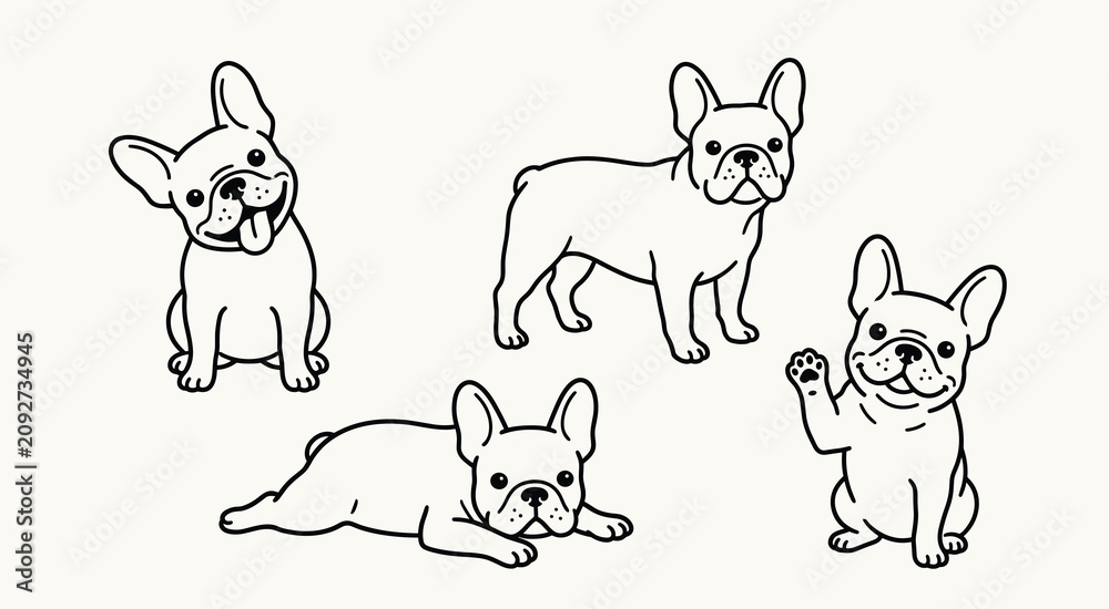Fototapeta premium Set of four minimalist french bulldog illustrations in simple black with collection four cute