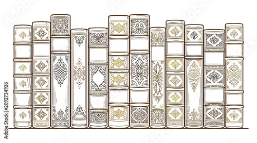 Vintage Bookshelf Illustration: Antique Books with Ornate Designs