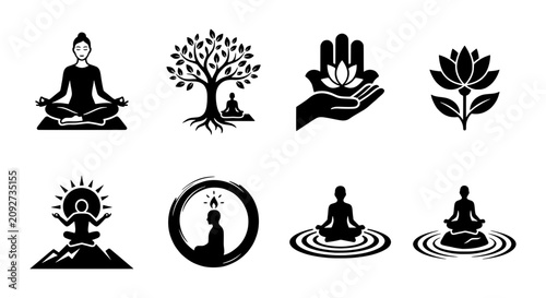 Foto Zen Yoga Icons Set, Meditation Mindfulness Symbols, Spiritual Wellness Graphics