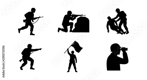 Bilde på lerret Military Soldier Silhouettes, Combat Action Icons, War Scene Graphics