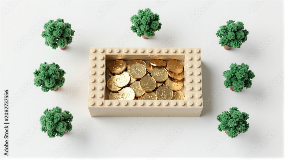 Fototapeta premium Lego box filled with gold coins, surrounded by green tree models on white surface.