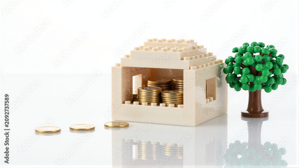 Fototapeta premium Lego house filled with gold coins, tree beside it on reflective surface.